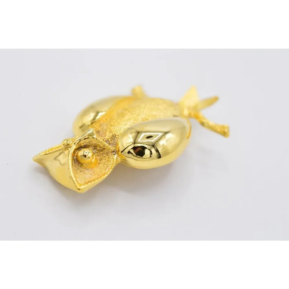 Vintage Wise Owl Pin Brooch Brushed Gold Textured Chunky Figural 80s 1980s BinJ
